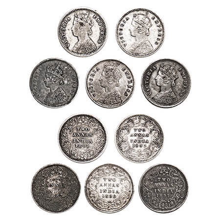 Victoria Empress, Silver, 2 Annas (5 Coins), 1883, Bombay Mint, A/I, Dot, 1891, Bombay Min