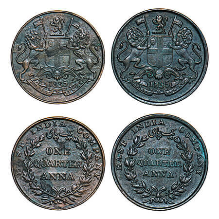 William IV, Copper, Quarter Anna, (2 coins), 1835, 1) Madras Mint, A/II, Rev aligned, Wrea