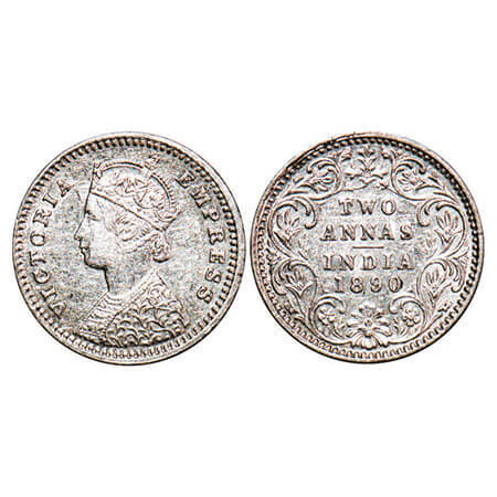 Victoria Empress, Silver, 2 Annas, 1890, Bombay Mint, B/II, ‘B’ incused. F. Prid 545. GK 7