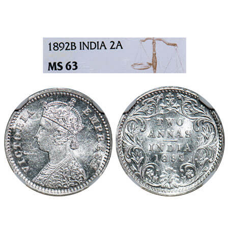 Victoria Empress, Silver, 2 Annas, 1892, Bombay Mint, B/II, ‘B’ incused. F. Prid 547. GK 7
