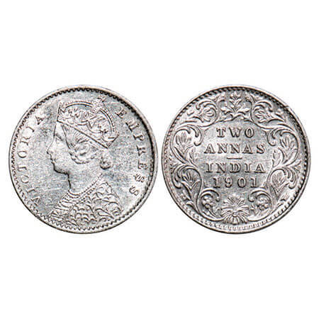 Victoria Empress, Silver, 2 Annas, 1901, Calcutta Mint, B/II, ‘C’ incused. F. Prid 515. GK