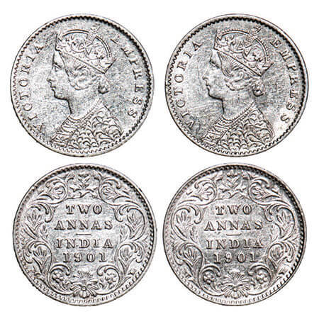 Victoria Empress, Silver, 2 Annas, (2 coins), 1901, Calcutta Mint, B/II, ‘C’ incused. F. P