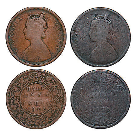 Victoria Queen, Copper, Half Anna, (2 coins), Calcutta Mint, 1) 1862, A/II, Pineapple like