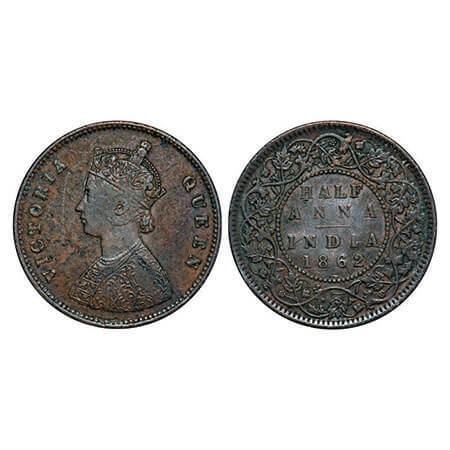 Victoria Queen, Copper, Half Anna, 1862, Calcutta Mint, B/II. F. Prid 581. GK 388. About E