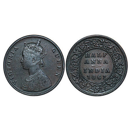 Victoria Queen, Copper, Half Anna, 1862, Madras Mint, A/I, Smugged type flowers. F. Prid 5