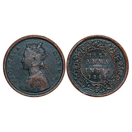 Victoria Queen, Copper, Half Anna, 1862, Madras Mint, A/I(i), Flowers with Five dots aroun