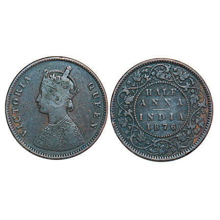 Victoria Queen, Copper, Half Anna, 1876, Calcutta Mint, B/II. F. Prid 584. GK 819. Very Fi