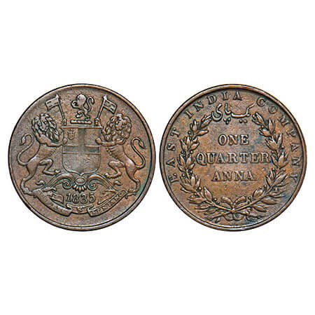 William IV, Copper, Quarter Anna, 1835, Madras Mint, A/III, Rev aligned, Wreath with 25 Be