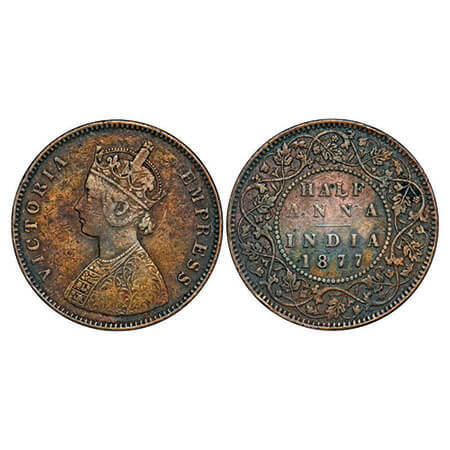 Victoria Empress, Copper, Half Anna, 1877, Bombay Mint, B/II. F. Prid 586. GK 820. Very Fi