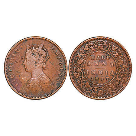 Victoria Empress, Copper, Half Anna, 1877, Bombay Mint, B/II. F. Prid 586. GK 820. Very Fi