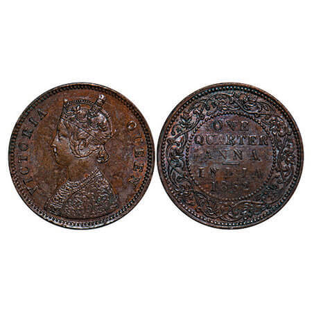 Victoria Queen, Copper, Quarter Anna, 1862, Bombay Mint, A/I, No mint mark, Tiny ‘V’ incus