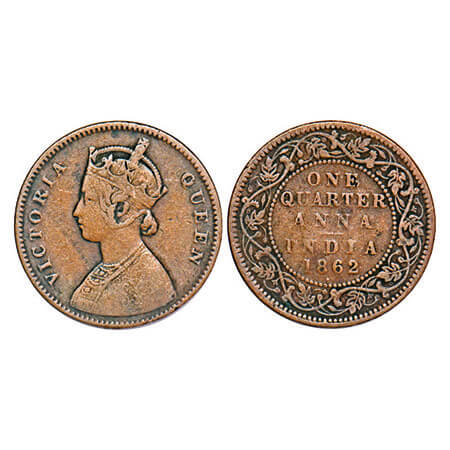 Victoria Queen, Copper, Quarter Anna, 1862, Bombay Mint, A/I, Dot, Tiny ‘V’ incused. F. Pr