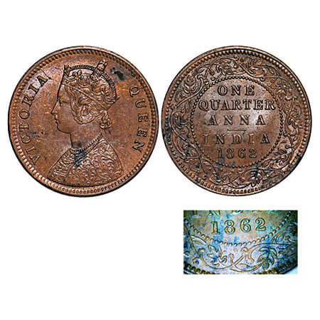 Victoria Queen, Copper, Quarter Anna, 1862, Madras Mint, A/I, No mint mark, No privy mark,