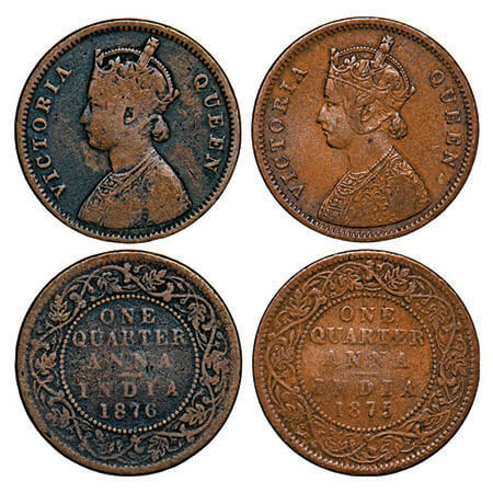 Victoria Queen, Copper, Quarter Anna, (2 coins), 1875, 1876, Bombay Mint, A/I, No mint mar