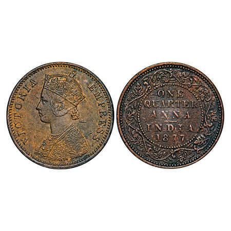 Victoria Empress, Copper, Quarter Anna, 1877, Bombay Mint, B/II, No mint mark. F. Prid 637
