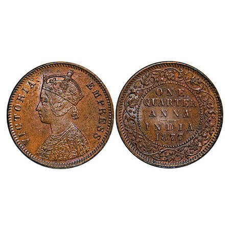 Victoria Empress, Copper, Quarter Anna, 1877, Calcutta Mint, B/II, No mint mark. F. Prid 6