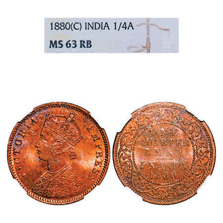 Victoria Empress, Copper, Quarter Anna, 1880, Calcutta Mint, B/II, No mint mark. F. Prid U