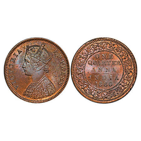 Victoria Empress, Copper, Quarter Anna, 1880, Calcutta Mint, B/II, ‘C’ incused, Ghost on R