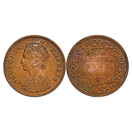 Victoria Empress, Copper, Quarter Anna, 1882, Bombay Mint, B/I, No mint mark. F. Prid 270.