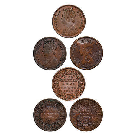 Victoria Empress, Copper, Quarter Anna, (3 coins), 1) 1882, Bombay Mint, A/I, No mint mark