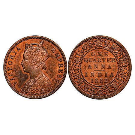 Victoria Empress, Copper, Quarter Anna, 1882, Calcutta Mint, B/II, ‘C’ incused. F. Prid 61