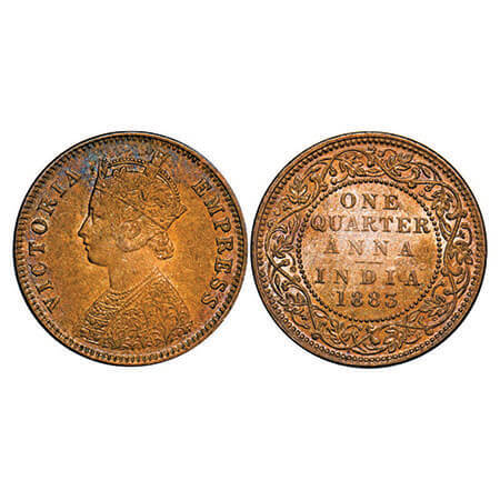 Victoria Empress, Copper, Quarter Anna, 1883, Bombay Mint, B/I, No mint mark. F. Prid 639.