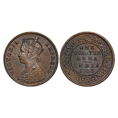 Victoria Empress, Copper, Quarter Anna, 1883, Calcutta Mint, B/II, ‘C’ incused F. Prid 616