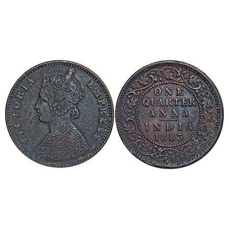 Victoria Empress, Copper, Quarter Anna, 1883, Calcutta Mint, B/II, ‘C’ incused. F. Prid 61