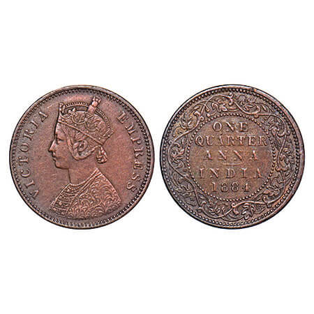 Victoria Empress, Copper, Quarter Anna, 1884, Bombay Mint, B/I, No mint mark. F. Prid 640.