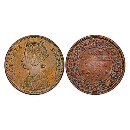 Victoria Empress, Copper, Quarter Anna, 1884, Bombay Mint, B/I, No mint mark. F. Prid 640.