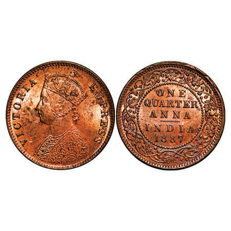 Victoria Empress, Copper, Quarter Anna, 1887, Calcutta Mint, B/II, ‘C’ incused, Ghost on R
