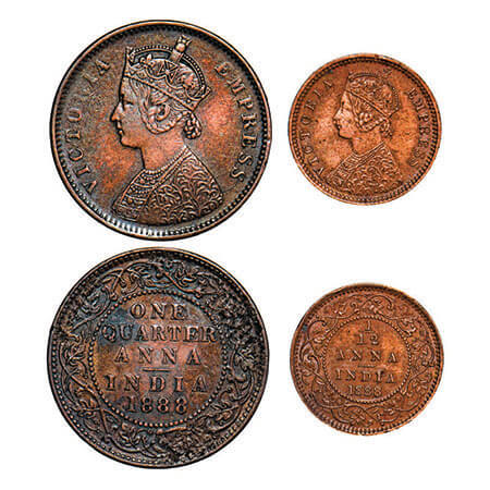 Victoria Empress, Copper, (2 coins), 1888, 1) Quarter Anna, Bombay Mint, B/I, No mint mark