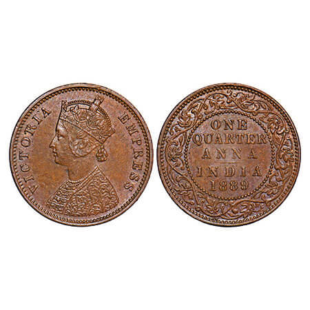 Victoria Empress, Copper, Quarter Anna, 1889, Bombay Mint, B/I, No mint mark. F. Prid 644.