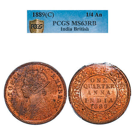 Victoria Empress, Copper, Quarter Anna, 1889, Calcutta Mint, B/II, No mint mark. F. Prid 6