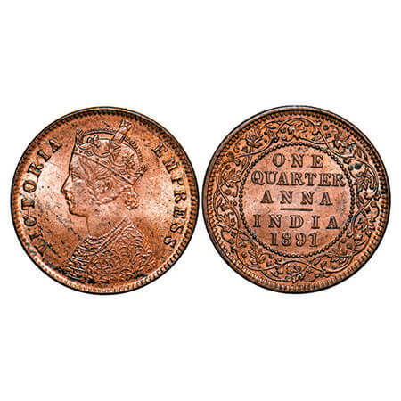 Victoria Empress, Copper, Quarter Anna, 1891, Calcutta Mint, B/II, No mint mark, The upper