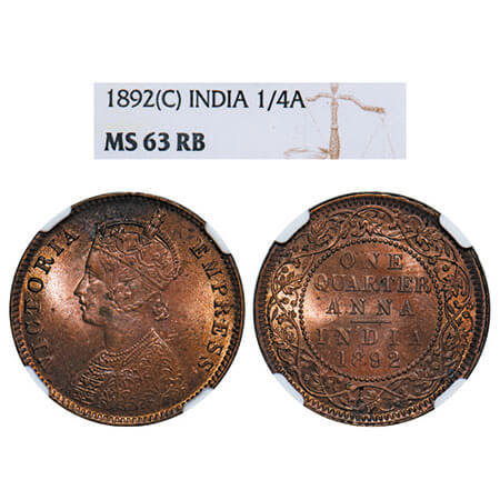 Victoria Empress, Copper, Quarter Anna, 1892, Calcutta Mint, B/II, No mint mark. F. Prid 6
