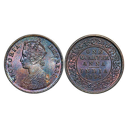 Victoria Empress, Copper, Quarter Anna, 1894, Calcutta Mint, B/II, No mint mark. F. Prid 6