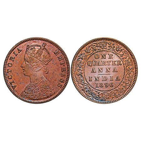 Victoria Empress, Copper, Quarter Anna, 1896, Calcutta Mint, B/II, No mint mark, Ghost on 