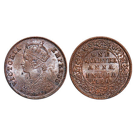 Victoria Empress, Copper, Quarter Anna, 1896, Calcutta Mint, B/II, No mint mark, Die crack