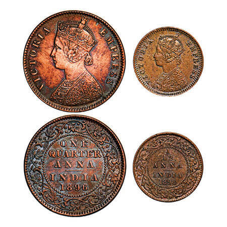 Victoria Empress, Copper, (2 coins), 1) Quarter Anna, 1896, Calcutta Mint, B/II, No mint m