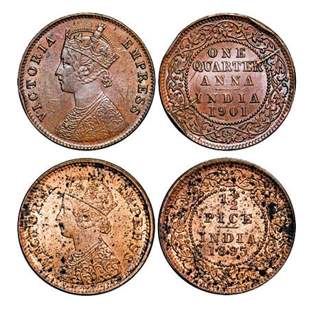 Victoria Empress, Copper, (2 coins), 1) Quarter Anna, 1901, Calcutta Mint, B/II, No mint m