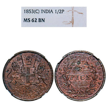 Victoria Queen, Copper, 1/2 Pice, 1853, Calcutta Mint, B/I, Wreath with 19 Berries (10L +