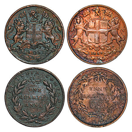William IV & Victoria Queen, Copper, Quarter Anna, 1) 1835, Madras Mint, B/V, Wreath with 