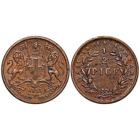 Victoria Queen, Copper, 1/2 Pice, 1853, Calcutta Mint, B/I, Wreath with 19 Berries (10L + 