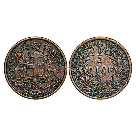 Victoria Queen, Copper, 1/2 Pice, 1853, Calcutta Mint, B/I. F. Prid 159. GK 235. Extremely