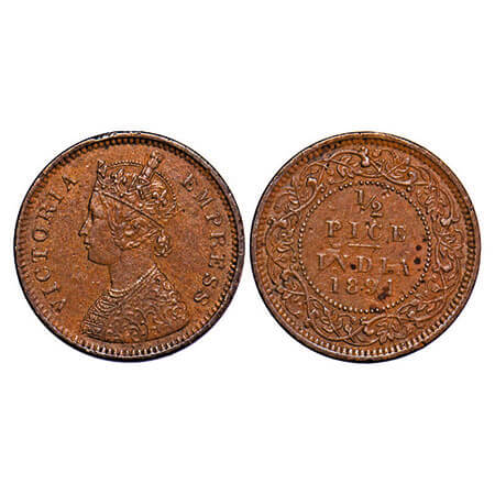 Victoria Empress, Copper, 1/2 Pice, 1894, Calcutta Mint, A/I, No mint mark, Ghost on Rev. 