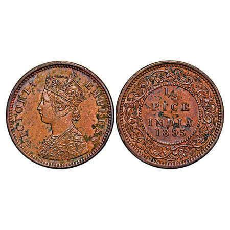 Victoria Empress, Copper, 1/2 Pice, 1895, Calcutta Mint, A/I, No mint mark. F. Prid 728. G
