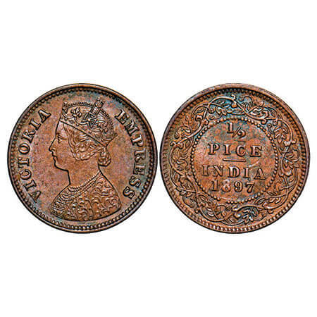 Victoria Empress, Copper, 1/2 Pice, 1897, Calcutta Mint, A/I, No mint mark, Ghost on Rev. 