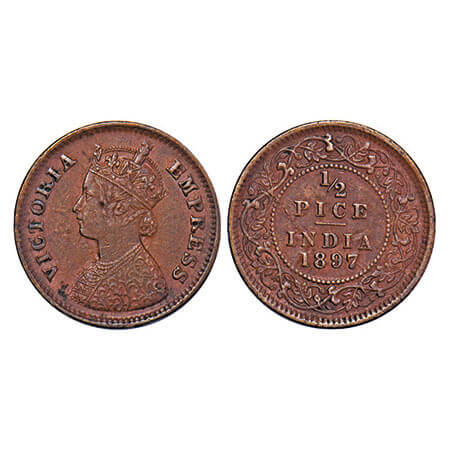 Victoria Empress, Copper, 1/2 Pice, 1897, Calcutta Mint, A/I, No mint mark, Ghost on Obv a