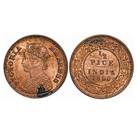 Victoria Empress, Copper, 1/2 Pice, 1899, Calcutta Mint, A/I, No mint mark. F. Prid 732. G